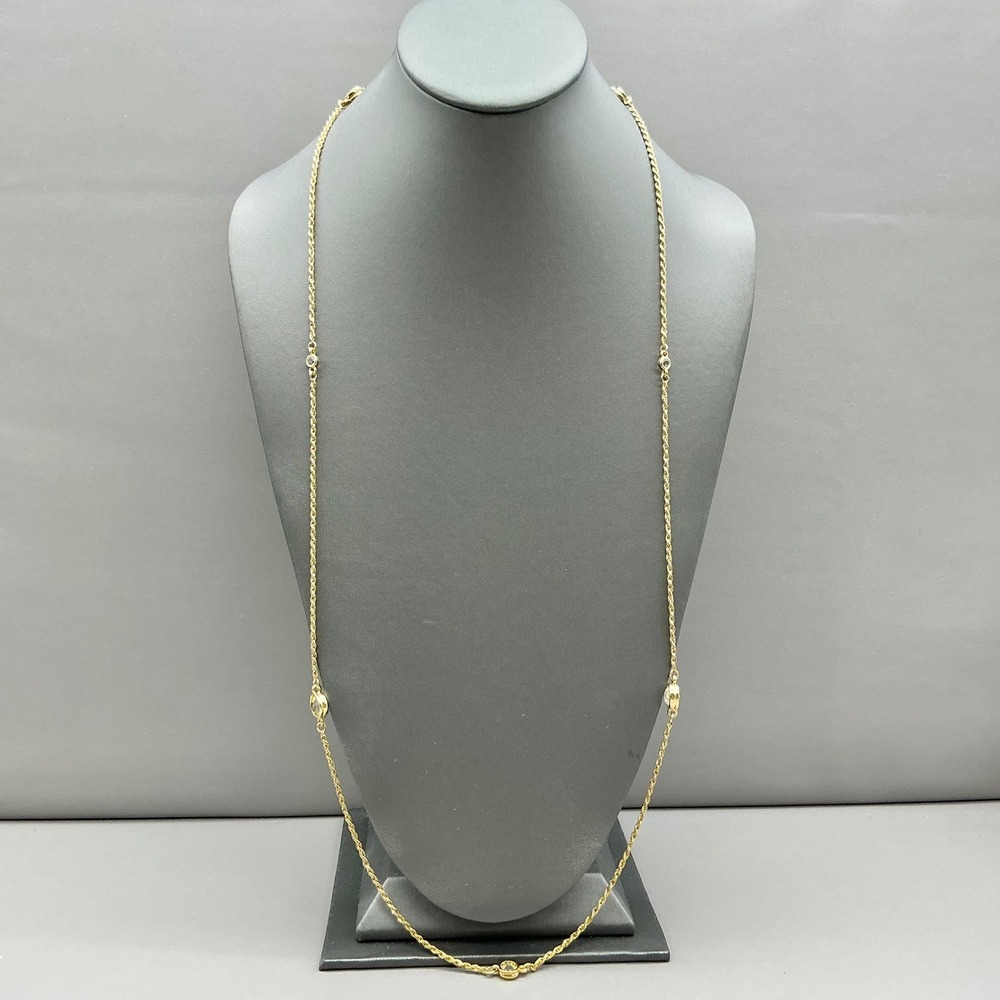 Long Station Necklace Women Gold Tone Bezel Set Clear Crystal Rope Chain 30 Inch